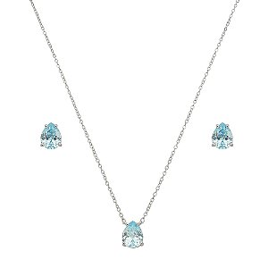 Conjunto de brinco e colar gota cravejado de zircônia acqua banho de ródio branco