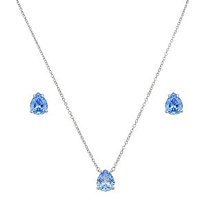 Conjunto de brinco e colar gota cravejado de zircônia azul banho de ródio branco