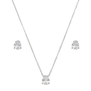 Conjunto de brinco e colar gota cravejado de zircônia cristal banho de ródio branco