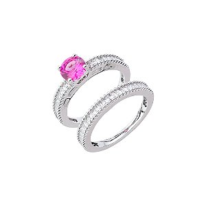 Dupla de anéis cravejados de zircônia pink e cristal de banho em ródio branco