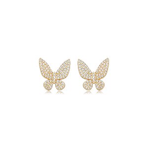 Brinco de borboleta cravejado de zircônia cristal banho em ouro 18k