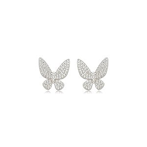 Brinco de borboleta cravejado de zircônia cristal banho em ródio branco