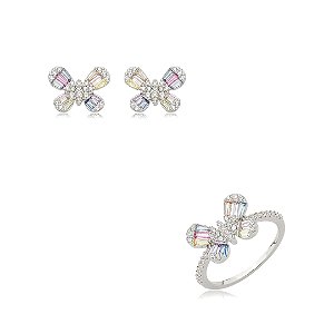 Conjunto de brinco e anel borboleta cravejado de zircônia rainbow banho em ródio branco
