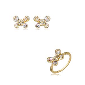 Conjunto de brinco e anel borboleta cravejado de zircônia rainbow banho em ouro 18k