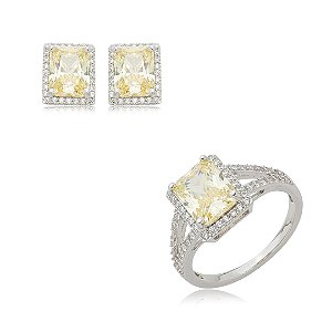 Conjunto de brinco e anel cravejado de zircônia yellow fancy banho em ródio branco