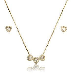 Conjunto de brinco e colar coração cravejado de zircônia cristal banho de ouro 18k