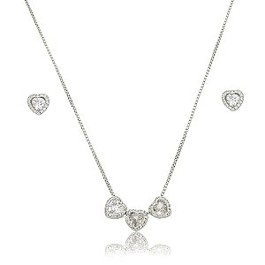Conjunto de brinco e colar coração cravejado de zircônia cristal banho de ródio branco