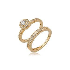 Dupla de anéis cravejados de zircônia cristal de banho em ouro 18k