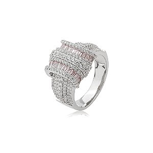 Anel cravejado de zircônia cristal e rosa banho em ródio branco