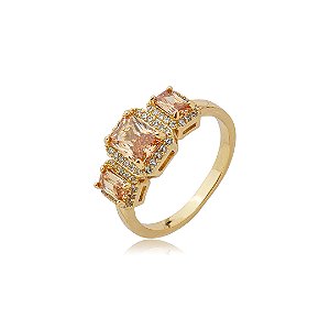 Anel cravejado de zircônia citrino banho em ouro 18k
