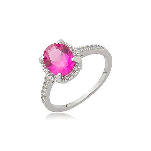 Anel cravejado de zircônia pink banho em ródio branco