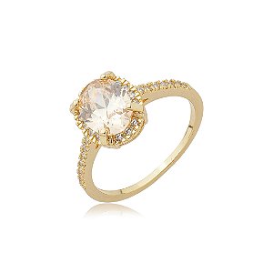 Anel cravejado de zircônia citrino e cristal banho em ouro 18k