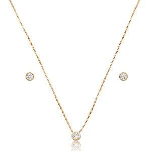 Conjunto de brinco e colar cravejado de zircônia cristal banho de Ouro 18k