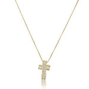 Colar com pingente de cruz cravejado de zircônia cristal banho em ouro 18k