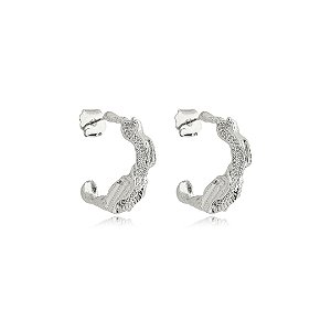 Brinco de argola escovado cravejado de zircônia cristal banho em ródio branco