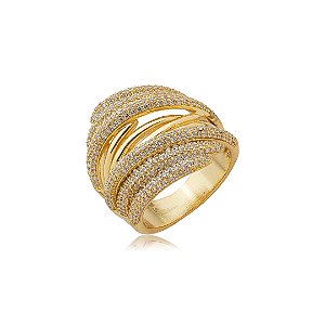 Anel cravejado de zircônia cristal banho em ouro 18k