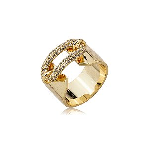 Anel cravejado de zircônia cristal banho em ouro 18k