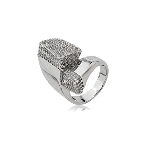 Anel cravejado de zircônia cristal banho em ródio branco