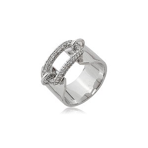 Anel cravejado de zircônia cristal banho em ródio branco