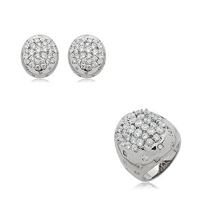 Conjunto de brinco e anel cravejado de zircônia cristal banho em ródio branco