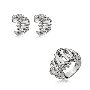 Conjunto de brinco e anel cravejado de zircônia cristal banho em ródio branco