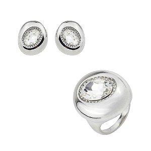 Conjunto de brinco e anel cravejado de zircônia cristal banho em ródio branco