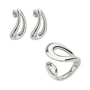 Conjunto de brinco e anel liso banho em ródio branco