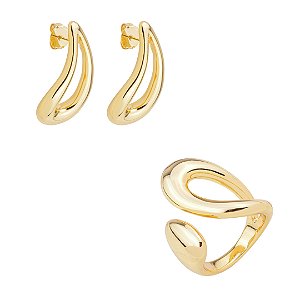 Conjunto de brinco e anel liso banho em ouro 18k