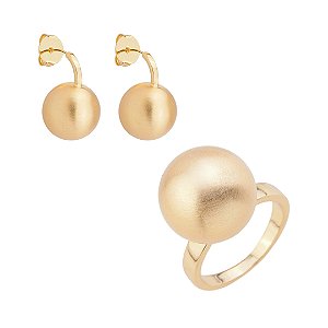 Conjunto de brinco e anel liso acetinado banho em ouro 18k