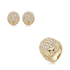 Conjunto de brinco e anel cravejado de zircônia cristal banho em ouro 18k