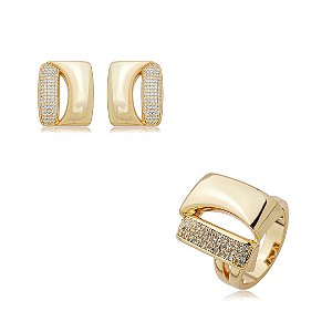 Conjunto de brinco e anel cravejado de zircônia cristal banho em ouro 18k