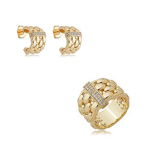 Conjunto de brinco e anel cravejado de zircônia cristal banho em ouro 18k