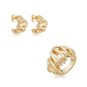 Conjunto de brinco e anel cravejado de zircônia cristal banho em ouro 18k