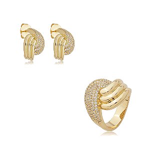 Conjunto de brinco e anel cravejado de zircônia cristal banho em ouro 18k