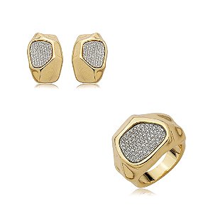 Conjunto de brinco e anel cravejado de zircônia cristal banho em ouro 18k