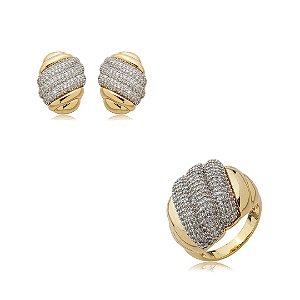 Conjunto de brinco e anel cravejado de zircônia cristal banho em ouro 18k