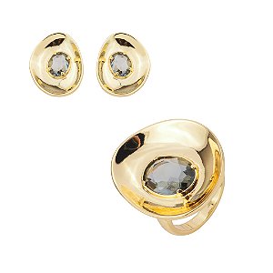 Conjunto de brinco e anel cravejado de zircônia fumê banho em ouro 18k