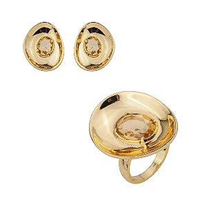 Conjunto de brinco e anel cravejado de zircônia citrino banho em ouro 18k