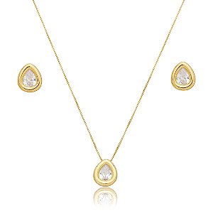 Conjunto de brinco e colar cravejado de zircônia cristal banho em ouro 18k