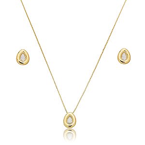 Conjunto de brinco e colar cravejado de zircônia cristal banho em ouro 18k