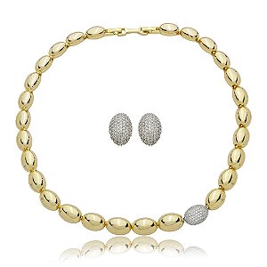 Conjunto de brinco e colar cravejado de zircônia cristal banho em ouro 18k
