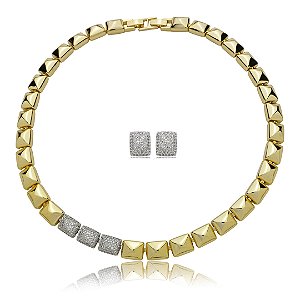 Conjunto de brinco e colar cravejado de zircônia cristal banho em ouro 18k