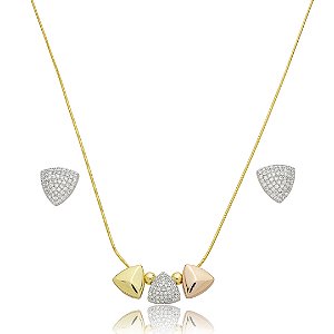 Conjunto de brinco e colar cravejado de zircônia cristal banho em ouro 18k
