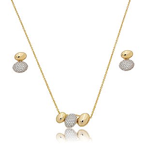 Conjunto de brinco e colar cravejado de zircônia cristal banho em ouro 18k