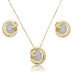Conjunto de brinco e colar cravejado de zircônia cristal banho em ouro 18k