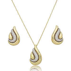 Conjunto de brinco e colar cravejado de zircônia cristal banho em ouro 18k