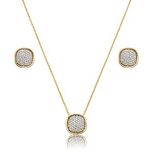 Conjunto de brinco e colar cravejado de zircônia cristal banho em ouro 18k