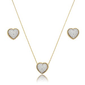 Conjunto de brinco e colar de coração cravejado de zircônia cristal banho em ouro 18k