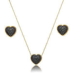 Conjunto de brinco e colar de coração cravejado de zircônia ônix banho em ouro 18k