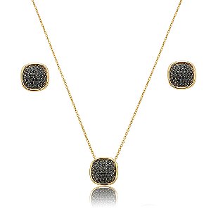Conjunto de brinco e colar cravejado de zircônia ônix banho em ouro 18k